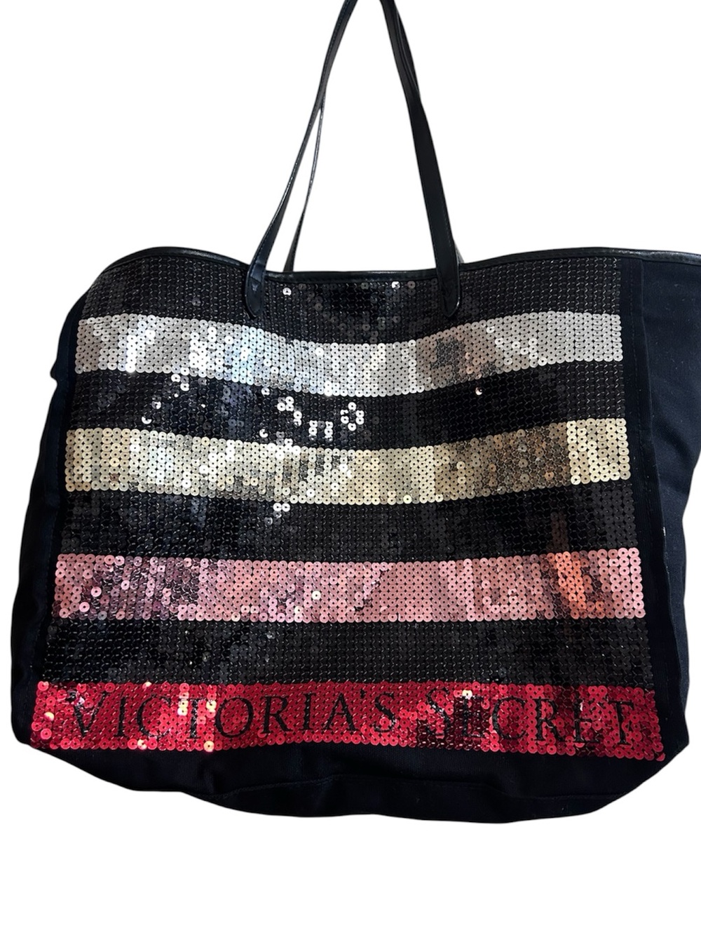 Victoria’s Secret Multi-Color Sequin Striped Canvas Large Tote Bag Bling Weekend